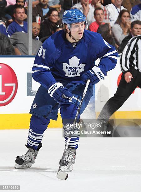 Phil Kessel of the Toronto Maple Leafs skates in a game against the Boston Bruins on April 3, 2010 at the Air Canada Centre in Toronto, Ontario. The...
