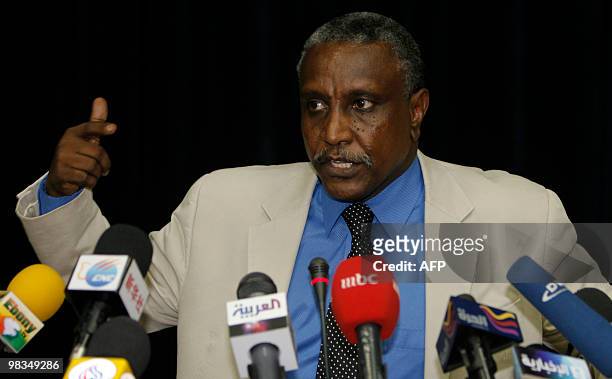Yasser Arman, the southern former rebel Sudan People's Liberation Movement 's candidate, speaks during a press conference in Khartoum on April 9,...