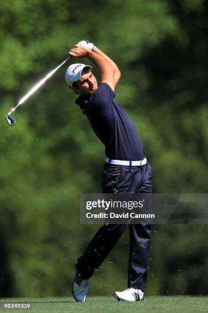 Edoardo Molinari of Italy plays a shot on the fifth hole during the second round of the 2010 Masters Tournament at Augusta National Golf Club on...