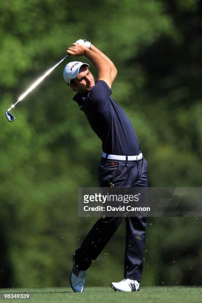 Edoardo Molinari of Italy plays a shot on the fifth hole during the second round of the 2010 Masters Tournament at Augusta National Golf Club on...