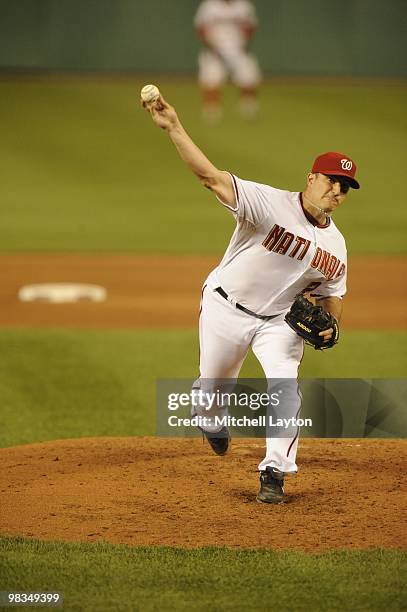 Jason Marquis of the Washington Nationals pitches during a baseball game against the Philadelphia Phillies on April 7, 2010 at Nationals Park in...