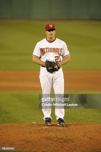 Jason Marquis of the Washington Nationals pitches during a baseball game against the Philadelphia Phillies on April 7, 2010 at Nationals Park in...