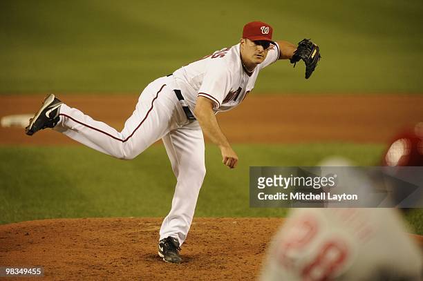 Jason Marquis of the Washington Nationals pitches during a baseball game against the Philadelphia Phillies on April 7, 2010 at Nationals Park in...
