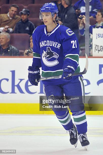 Mason Raymond of the Vancouver Canucks skates in the team warmup prior to the start of the NHL game against the Minnesota Wild on April 04, 2010 at...