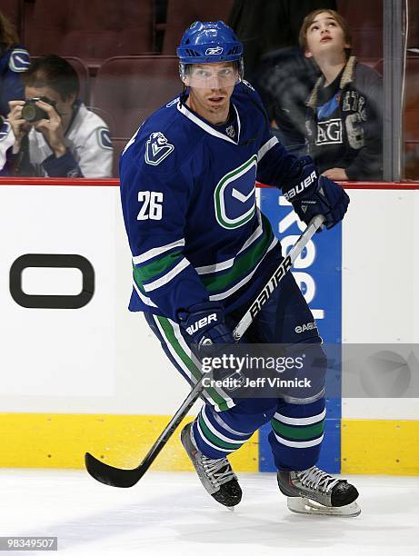 Mikael Samuelsson of the Vancouver Canucks skates up ice during the game against the Colorado Avalanche at General Motors Place on April 6, 2010 in...