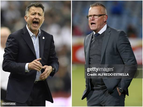 This combination of pictures created on June 25, 2018 shows Sweden's coach Janne Andersonn at Nya Parken Arena in Norrkoping, on April 6, 2016 and...