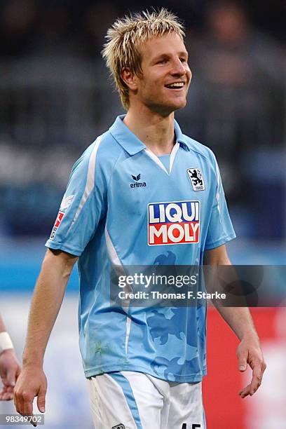 Stefan Aigner of Munich smiles during the Second Bundesliga match between TSV 1860 Muenchen and Arminia Bielefeld at the Allianz Arena on April 9,...