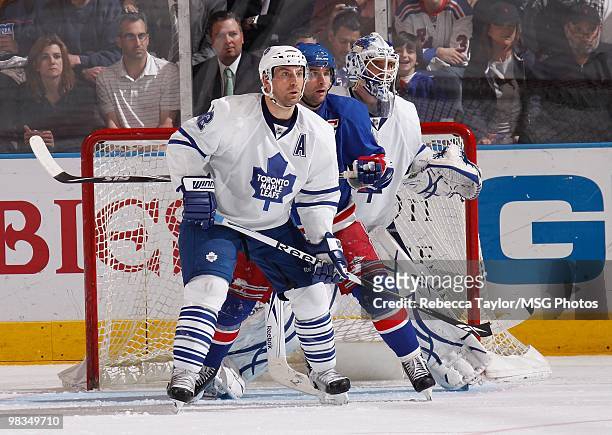 Chris Drury of the New York Rangers positions himself in front of the net in the second period against Francois Beauchemin and goaltender Jonas...