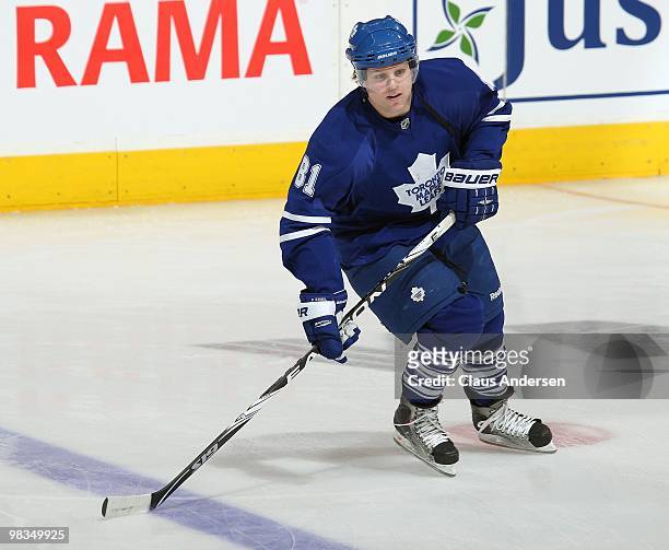 Phil Kessel of the Toronto Maple Leafs skates in the warm-up prior to a game against the Boston Bruins on April 3, 2010 at the Air Canada Centre in...