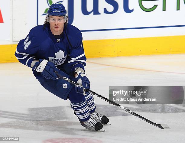 Mikhail Grabovski of the Toronto Maple Leafs skates in the warm-up prior to a game against the Boston Bruins on April 3, 2010 at the Air Canada...