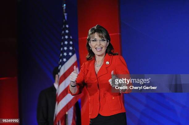 Former Alaska Governor Sarah Palin speaks to delegates at the Southern Republican Leadership Conference, April 9, 2010 in New Orleans, Louisiana....