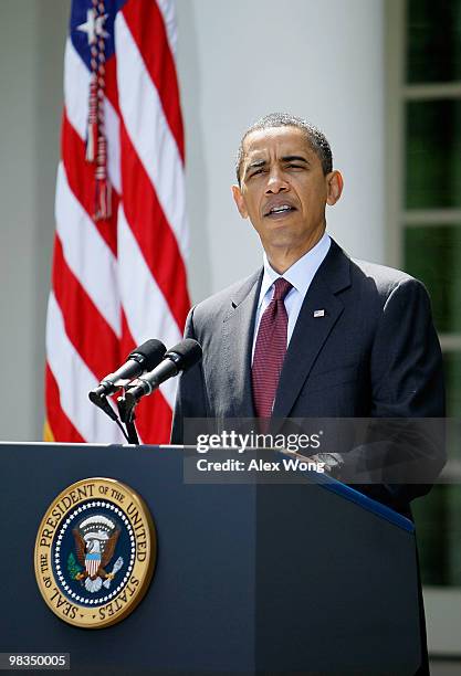 President Barack Obama speaks to the media April 9, 2010 at the Rose Garden of the White House in Washington, DC. Obama spoke on the coal mine...