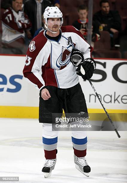 Milan Hejduk of the Colorado Avalanche skates to the bench during the game against the Vancouver Canucks at General Motors Place on April 6, 2010 in...