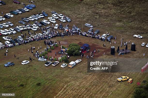 Aerial view of the funeral of right-wing Afrikaner Weerstands Beweging movement leader Eugene Terre'Blanche in Ventersdorp, some 150 km west of...