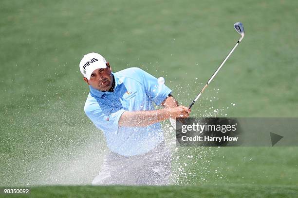 Angel Cabrera of Argentina plays a bunker shot on the second hole during the second round of the 2010 Masters Tournament at Augusta National Golf...