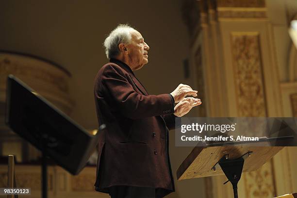 Conductor Pierre Boulez is photographed at Carnegie Hall for the Los Angeles Times.