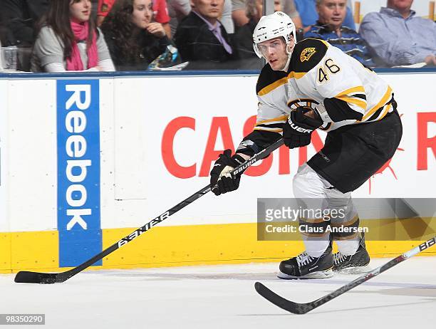 David Krejci of the Boston Bruins gets set to fire a pass in a game against the Toronto Maple Leafs on April 3, 2010 at the Air Canada Centre in...