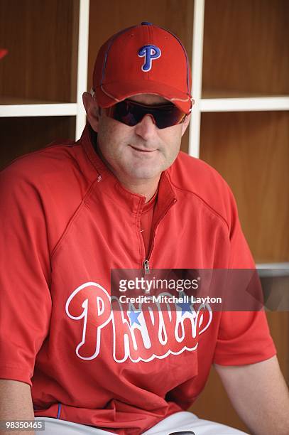 Brian Schneider of the Philadelphia Phillies looks on during batting practice of a baseball game against the Philadelphia Phillies on April 8, 2010...
