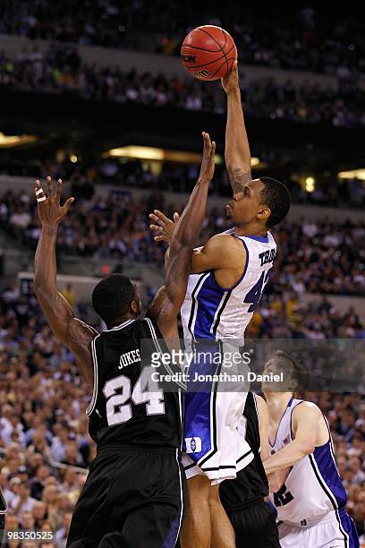 Lance Thomas of the Duke Blue Devils attempts a shot against Avery Jukes of the Butler Bulldogs during the 2010 NCAA Division I Men's Basketball...