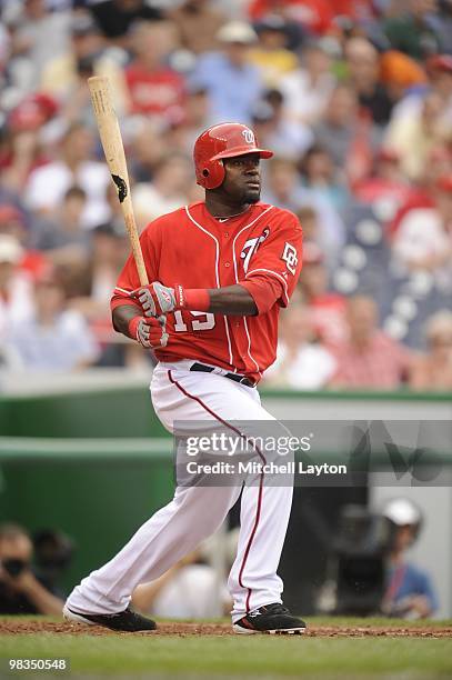 Christian Guzman the Washington Nationals takes a swing during a baseball game against the Philadelphia Phillies on April 8, 2010 at Nationals Park...