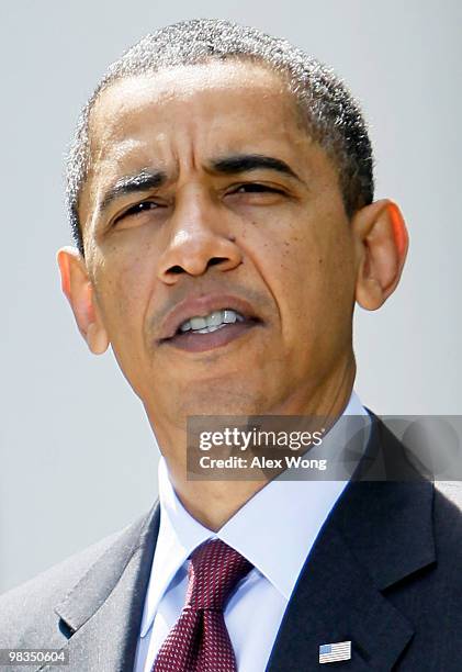 President Barack Obama speaks to the media April 9, 2010 at the Rose Garden of the White House in Washington, DC. Obama spoke on the coal mine...