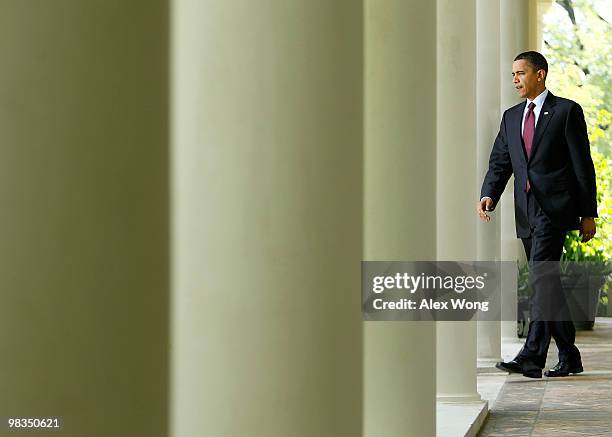 President Barack Obama comes out from the Oval Office prior to making statements to the media April 9, 2010 at the Rose Garden of the White House in...