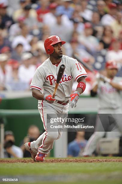 Jimmy Rollins of the Philadelphia Phillies takes a swing during a baseball game against the Philadelphia Phillies on April 8, 2010 at Nationals Park...