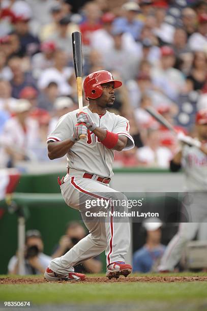 Jimmy Rollins of the Philadelphia Phillies takes a swing during a baseball game against the Philadelphia Phillies on April 8, 2010 at Nationals Park...