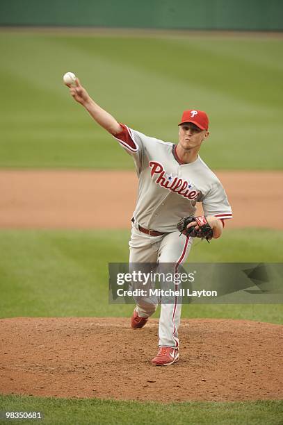 Kyle Kendrick of the Philadelphia Phillies pitches during a baseball game against the Philadelphia Phillies on April 8, 2010 at Nationals Park in...