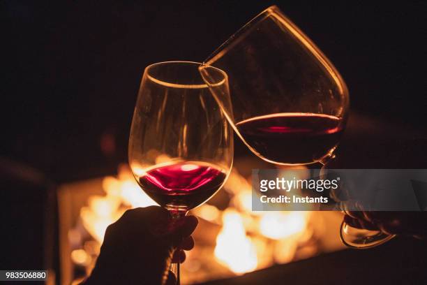 cheering couple, each holding a glass of wine in front of a fire pit. - fire pit stock pictures, royalty-free photos & images