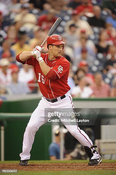 Josh WIllingham of the Washington Nationals prepares to take a swing during a baseball game against the Philadelphia Phillies on April 8, 2010 at...