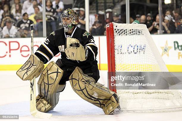 Goaltender Marty Turco of the Dallas Stars at American Airlines Center on April 8, 2010 in Dallas, Texas.