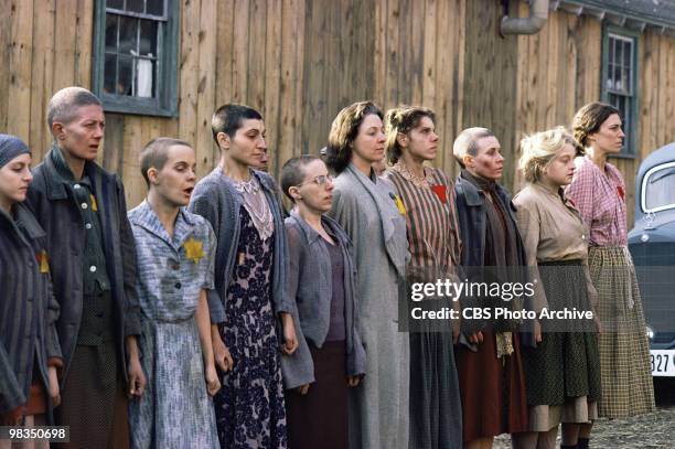 Cast members line up in a scene from the made-for-televsion film 'Playing for Time' , Annville, Pennsylvania, 1980. Among them are, from second left,...