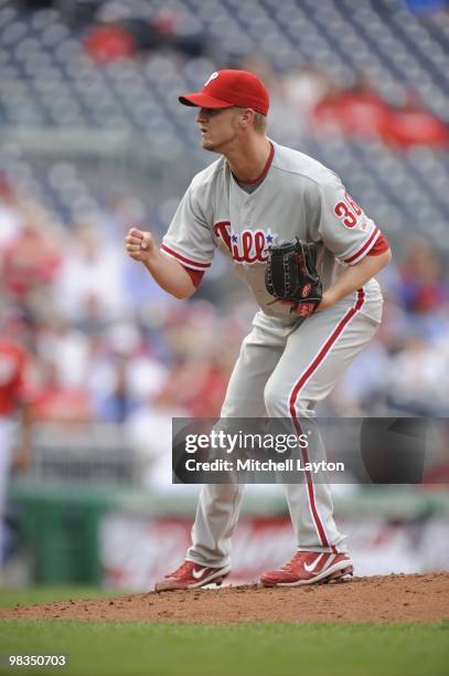 Kyle Kendrick of the Philadelphia Phillies pitches during a baseball game against the Philadelphia Phillies on April 8, 2010 at Nationals Park in...