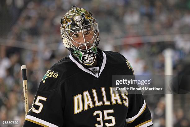 Goaltender Marty Turco of the Dallas Stars at American Airlines Center on April 8, 2010 in Dallas, Texas.