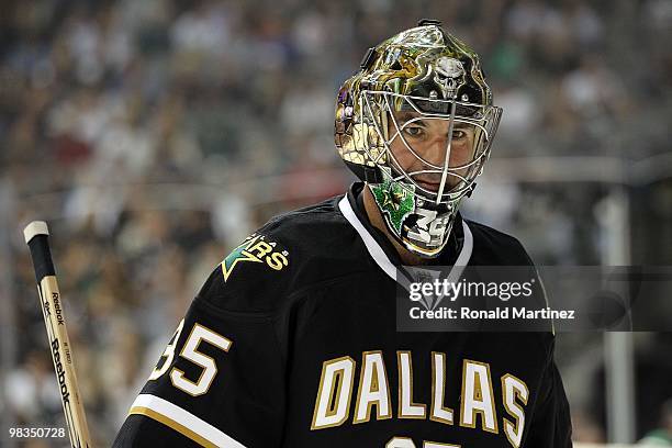 Goaltender Marty Turco of the Dallas Stars at American Airlines Center on April 8, 2010 in Dallas, Texas.