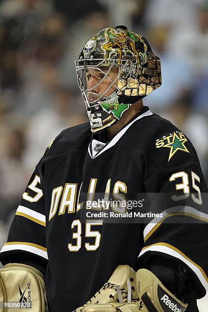 Goaltender Marty Turco of the Dallas Stars at American Airlines Center on April 8, 2010 in Dallas, Texas.