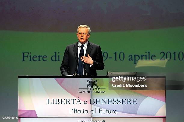 Giulio Tremonti, Italy's finance minister, speaks during a Confindustria meeting in Parma, Italy, on Friday, April 9, 2010. Confindustria is Italy's...