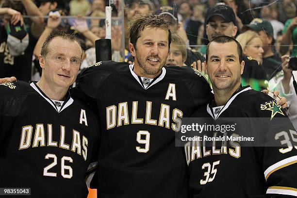 Jere Lehtinen; Mike Modano and Marty Turco of the Dallas Stars at American Airlines Center on April 8, 2010 in Dallas, Texas.