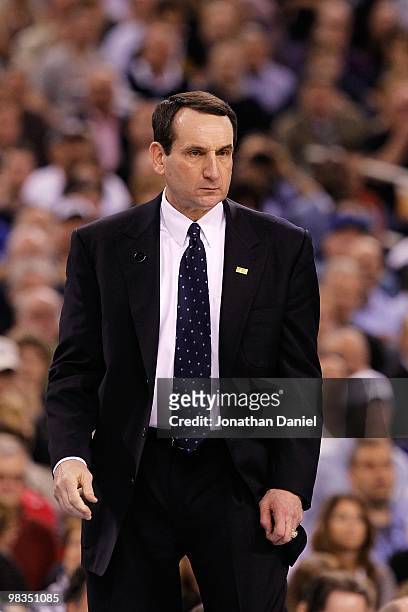 Head coach Mike Krzyzewski of the Duke Blue Devils coaches in the second half against the Butler Bulldogs during the 2010 NCAA Division I Men's...