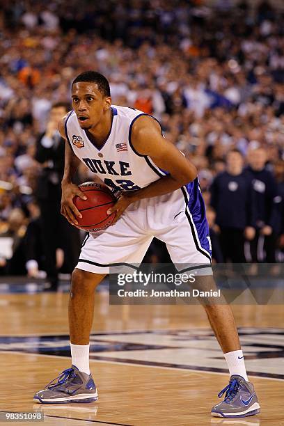 Lance Thomas of the Duke Blue Devils looks to pass the ball in the second half against the Butler Bulldogs during the 2010 NCAA Division I Men's...