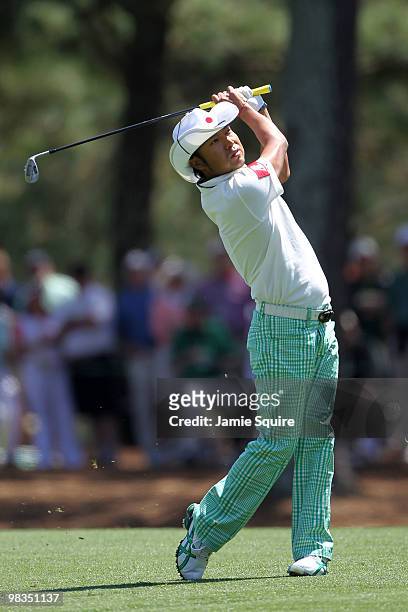 Shingo Katayama of Japan plays a shot on the 14th hole during the second round of the 2010 Masters Tournament at Augusta National Golf Club on April...