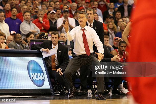 Head coach Steve Donahue of the Cornell Big Red reacts as he coaches against the Kentucky Wildcats during the east regional semifinal of the 2010...