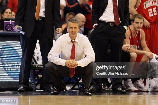 Head coach Steve Donahue of the Cornell Big Red reacts as he coaches against the Kentucky Wildcats during the east regional semifinal of the 2010...