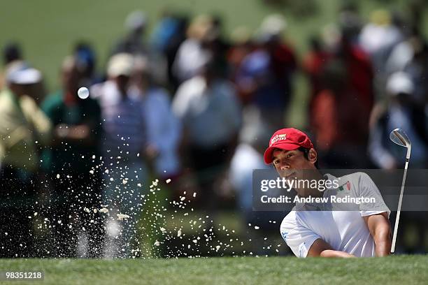 Amateur Matteo Manassero of Italy plays a bunker shot on the seventh hole during the second round of the 2010 Masters Tournament at Augusta National...