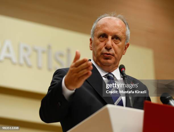 Muharrem Ince, presidential candidate of main opposition Republican People's Party holds a news conference evaluating the election results on June...