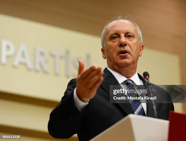 Muharrem Ince, presidential candidate of main opposition Republican People's Party holds a news conference evaluating the election results on June...