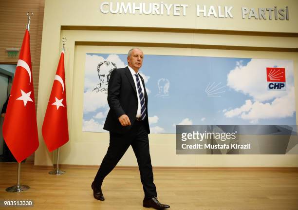 Muharrem Ince, presidential candidate of main opposition Republican People's Party holds a news conference evaluating the election results on June...