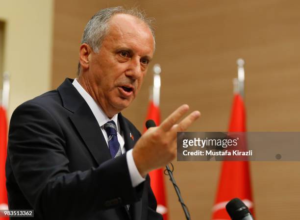 Muharrem Ince, presidential candidate of main opposition Republican People's Party holds a news conference evaluating the election results on June...