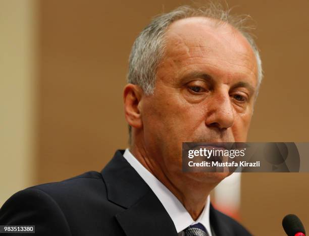 Muharrem Ince, presidential candidate of main opposition Republican People's Party holds a news conference evaluating the election results on June...